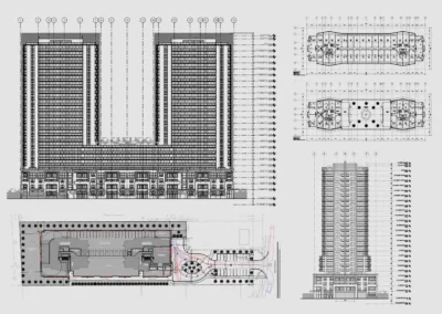 Residential Towers, Ajax, Ontario – Developed comprehensive permit and tender drawings for this residential project in Ajax, Ontario, in collaboration with the partnering architects, based on the client’s preliminary SketchUp model, executed in three phases: Zoning Submission, Site Plan Application and Working Drawings.
